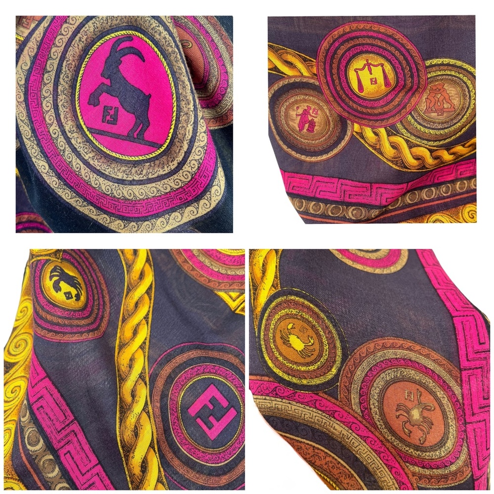 FENDI WOOL & SILK ZODIAC SIGNS IN BLUE, BLACK, PINK & GOLD FOULARD SCARF - Picture 13 of 14